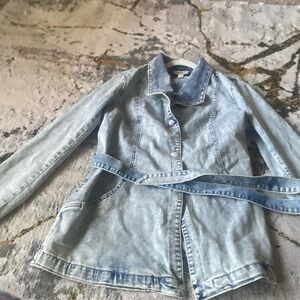 Denim washed long jacket with belt size small cloud washed denim never worn